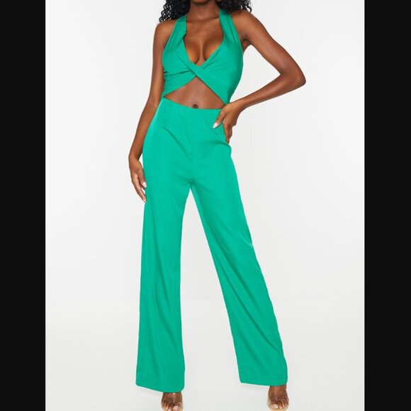 PrettyLittleThing Plunge Cross Back Cut Out Jumpsuit, Women's Size 0 - Green - Picture 1 of 13